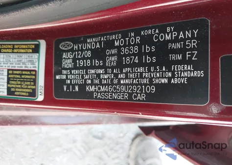 2009 Hyundai Accent Gls z USA, uszkodzony, nr VIN KMHCM46C59U292109